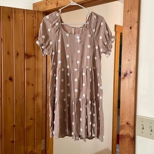 Blue Pepper Tan dress with white Polka Hope's Dot Dress